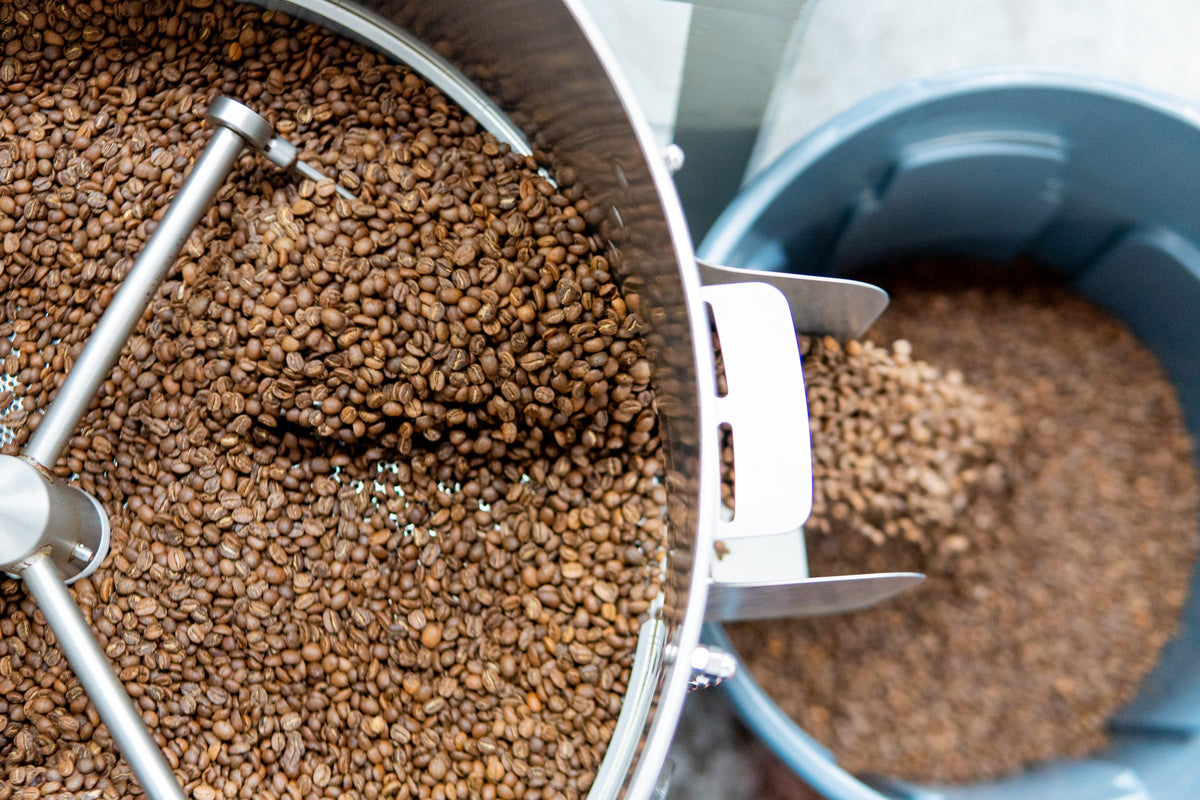 Freshly roasted coffee leaving the roaster drum into the cooling tray